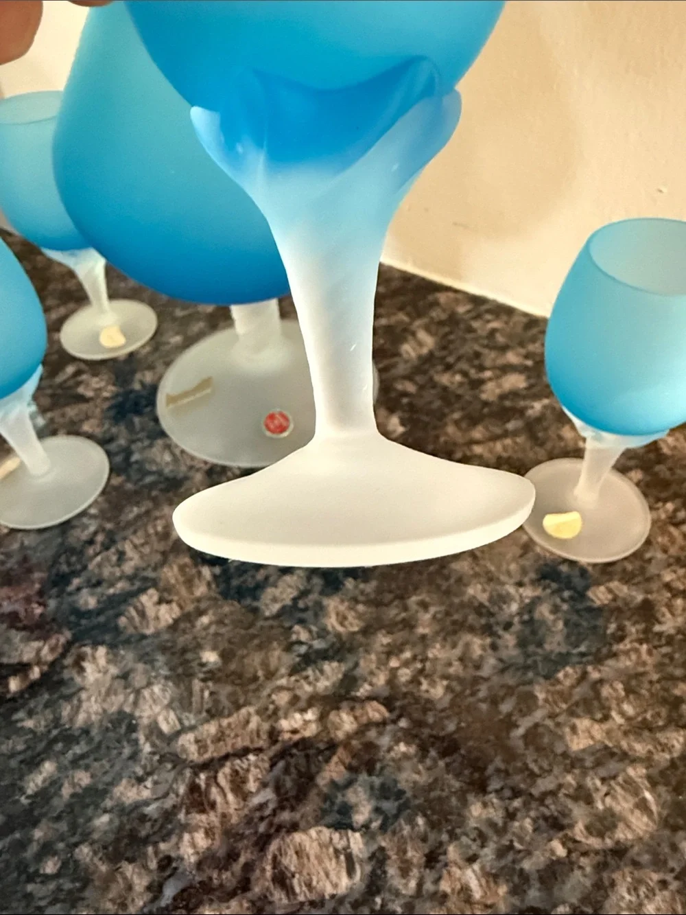 Italian Vintage Blue Frosted Glass Pitcher and 4 Cordial Glasses